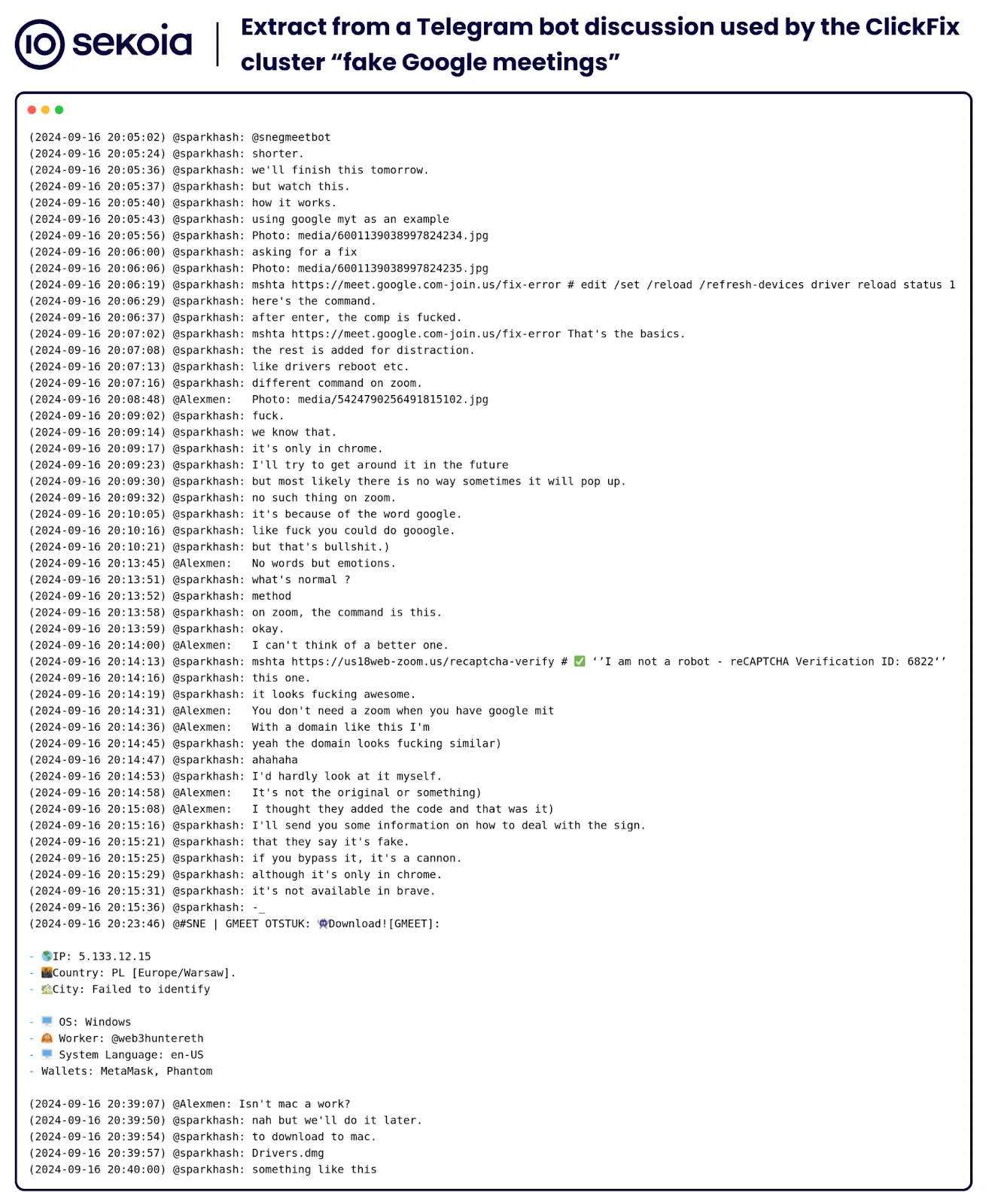 Extract of a Telegram bot discussion between the alleged operator and a possible affiliate of the cluster “fake Google Meet pages”. Source: Sekoia Threat Detection and Research Team