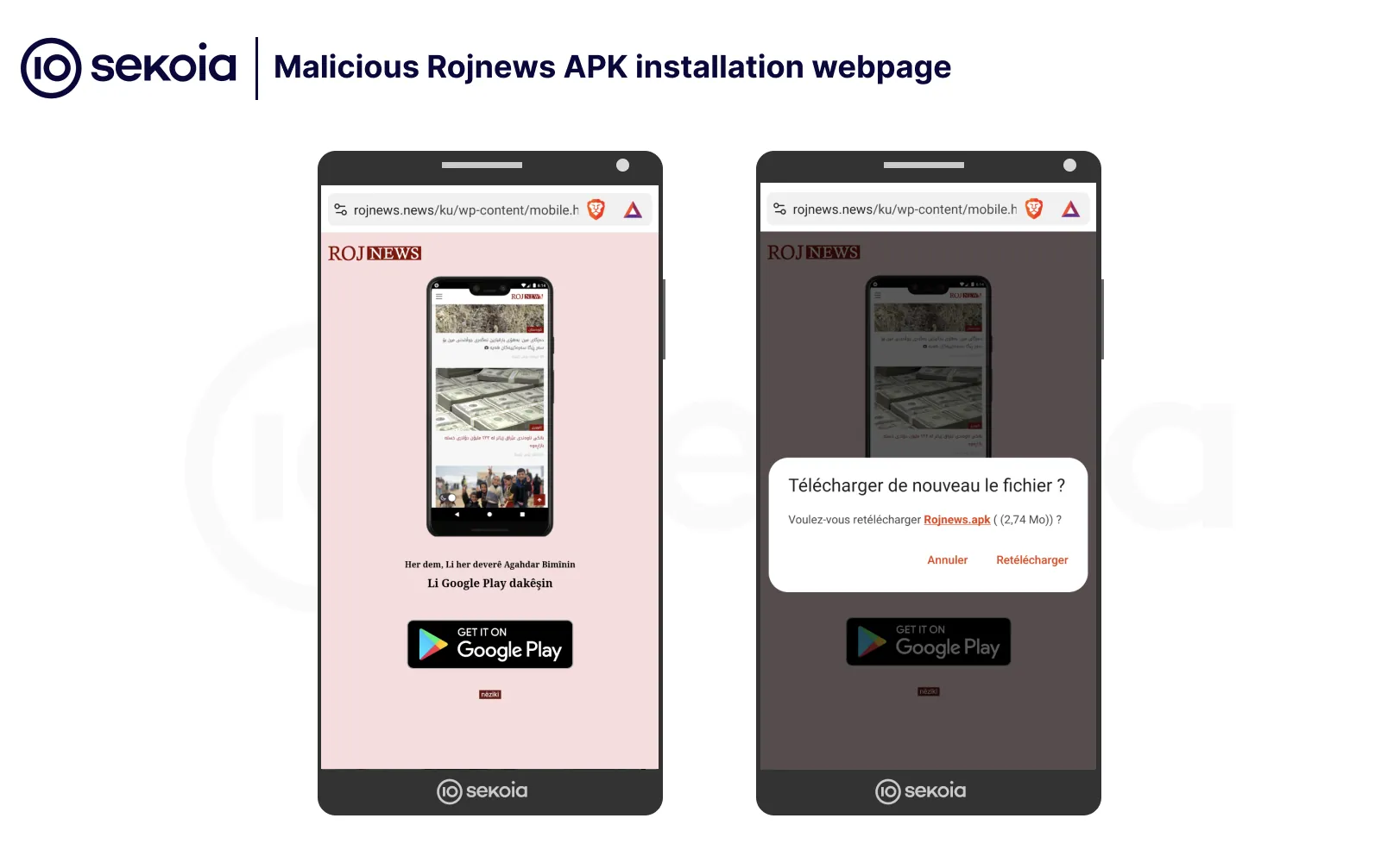Malicious Rojnews APK installation webpage. Source: Screenshots extracted during the investigation by the Sekoia.io TDR team on the campaign to compromise Kurdish community