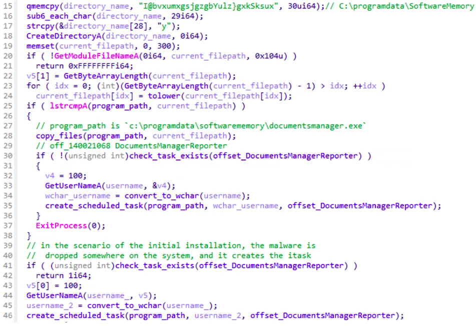 RotRot decompiled function in charge of coping itself. Source: Sekoia Threat Detection & Research Team