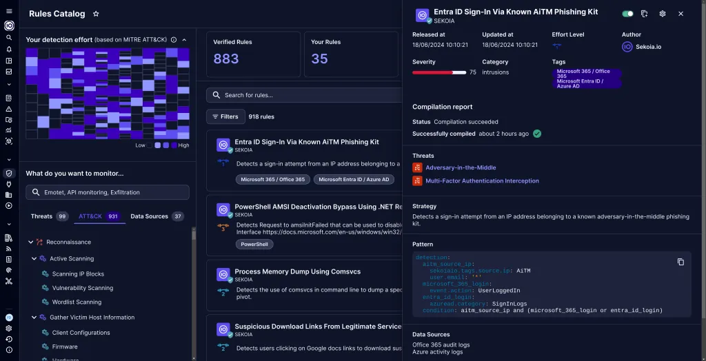 One of the standout features of our SOC platform is the ATT&CK mapping over our SIGMA rules. Source: Sekoia.io SOC platform
