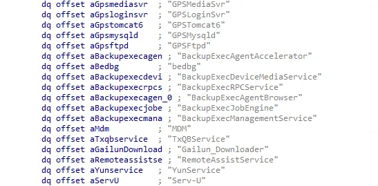 Extract of Service that the ransomware (Mallox) attempt to stop.