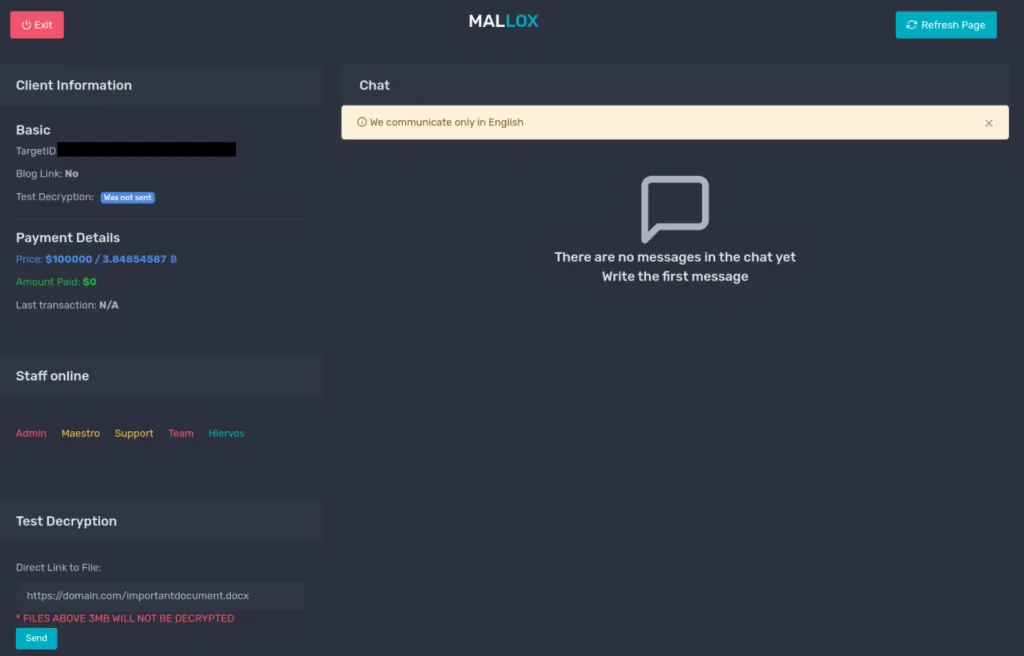 Screenshot from Mallox .onion website with Staff section.