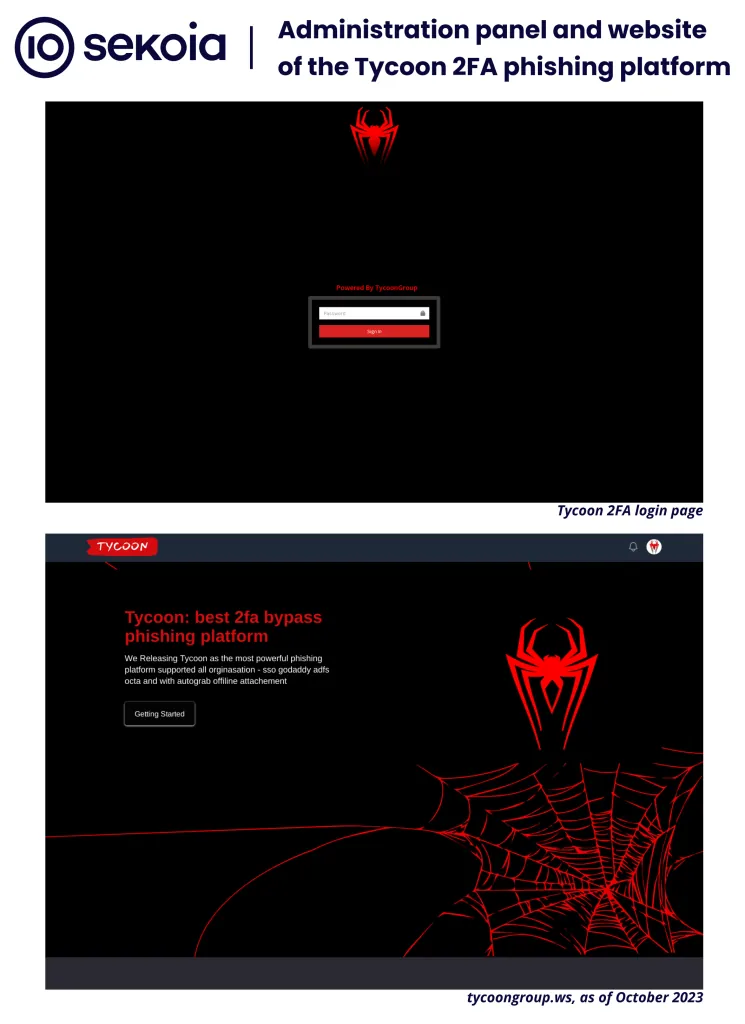 Administration panel and website of the Tycoon 2FA phishing platform