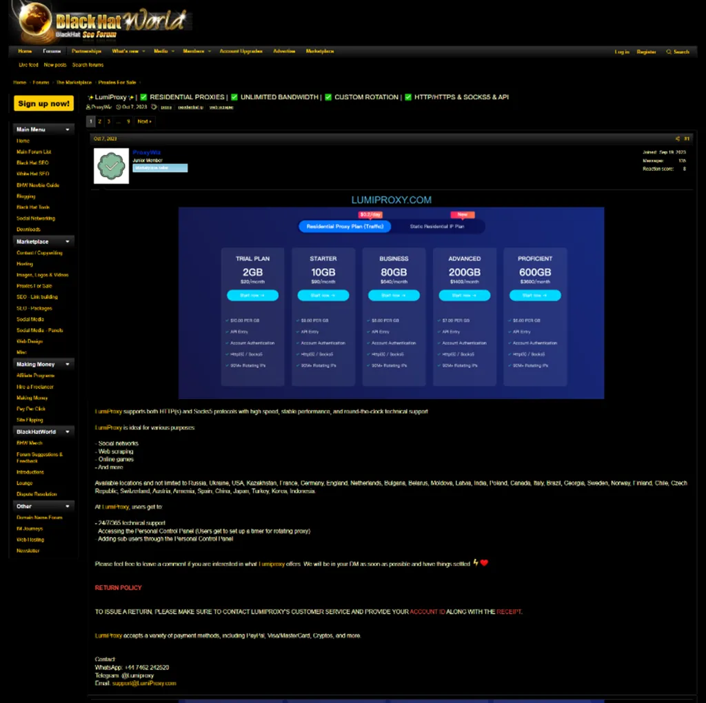 Example of residential proxies ad for LumiProxy posted on BHW (as of 29/02/2024)