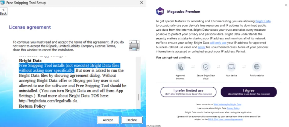 Example of Bright Data proxyware in the Free Snipping Tool and Megacubo software on Windows.