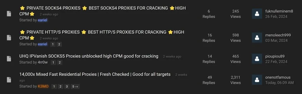 Results page for Residential Proxies (RESIP) search on Nulled forum