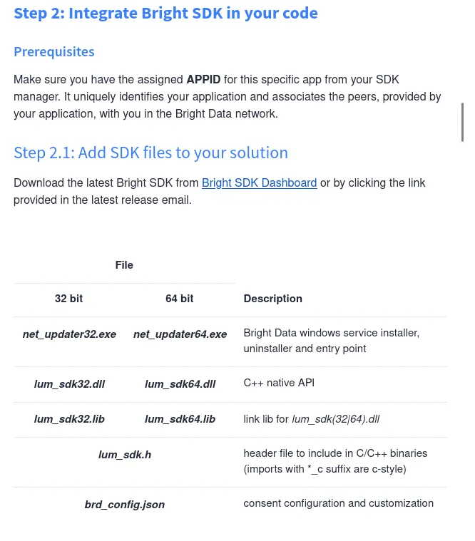 Example of a Bright Data SDK documentation page for a developer wishing to integrate proxyware into his software.