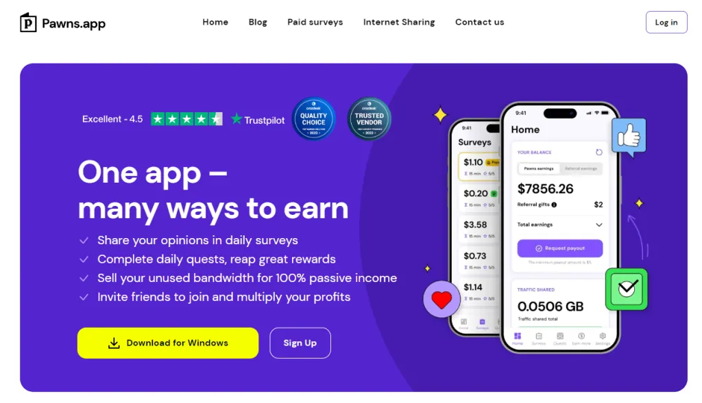 Pawns.app download page, offering different platforms to users wishing to take part in the rewards program. Source: Sekoia.io investigation about Residential proxies providers