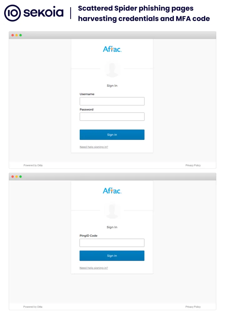 Scattered spider phishing pages harvesting credentials and MFA code targeting a United States insurance company in February 2024. Source: Sekoia.io TDR