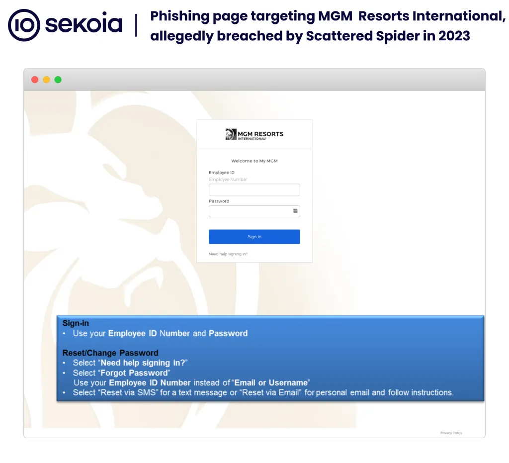 Phishing page targeting MGM resorts international, allegedly breached by Scattered Spider in 2023. Source: Sekoia TDR Team