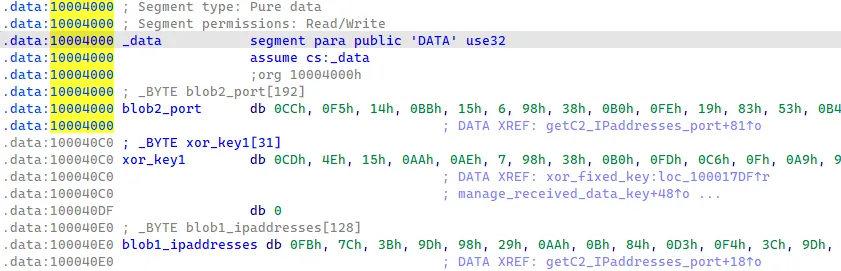 data section containing the obfuscated port, the C2 and the XOR key