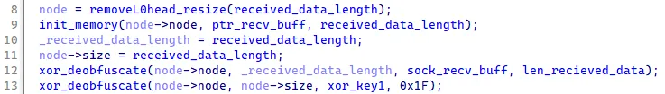 Decompiled code that deobfuscates the received payload with the two different keys.