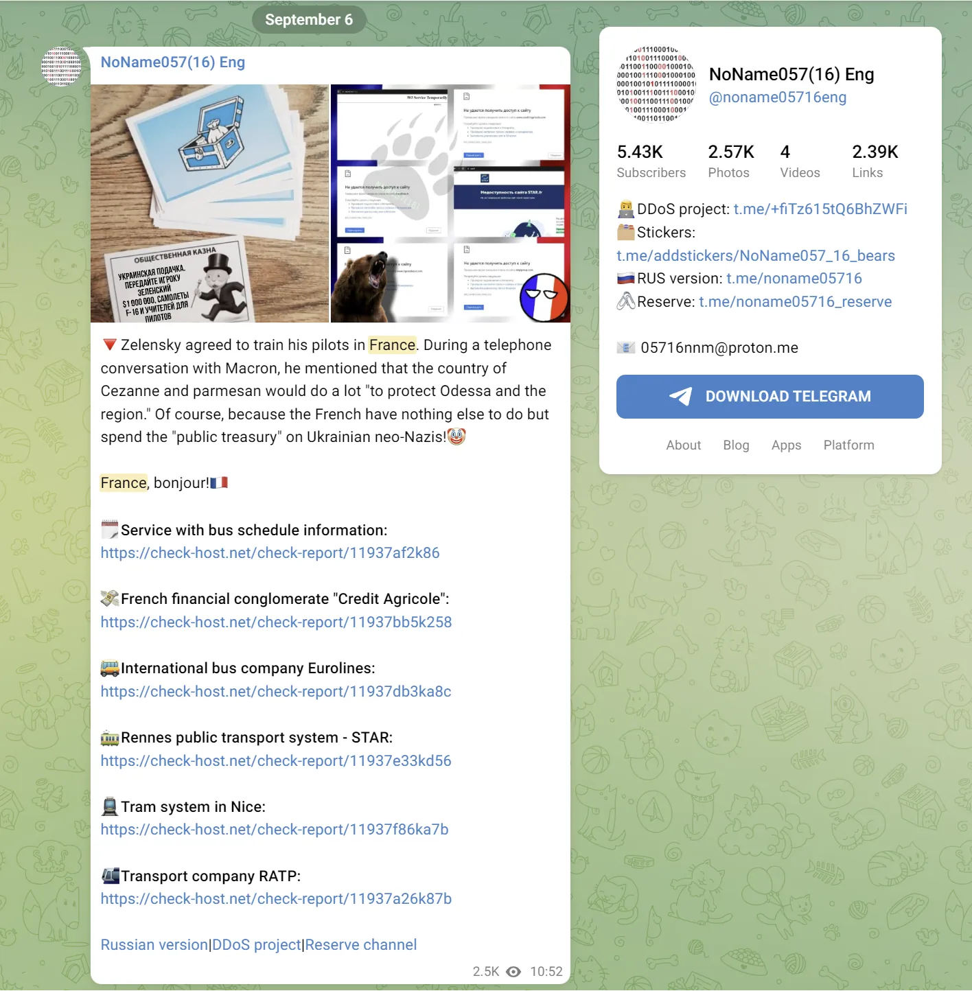 Figure 3. Screenshot of NoName057(16) English Telegram Channel