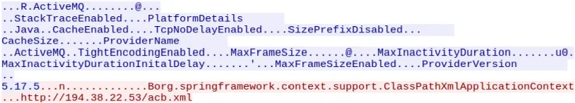 Overview of the Kinsing exploitation OpenWire traffic.