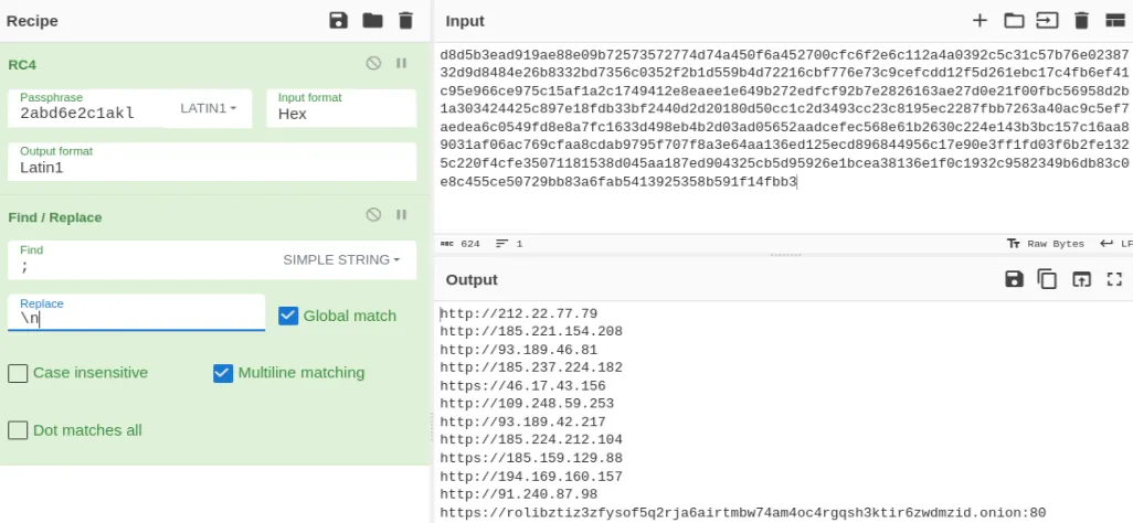 Kinsing C2 decryption with CyberChef. Source: Sekoia TDR