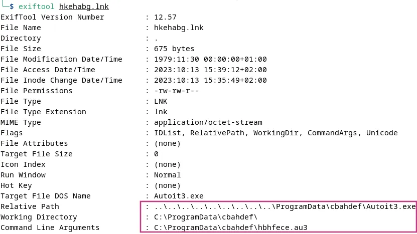 Lnk executing the Autoit.exe with DarkGate AU3 script to maintain the persistence.