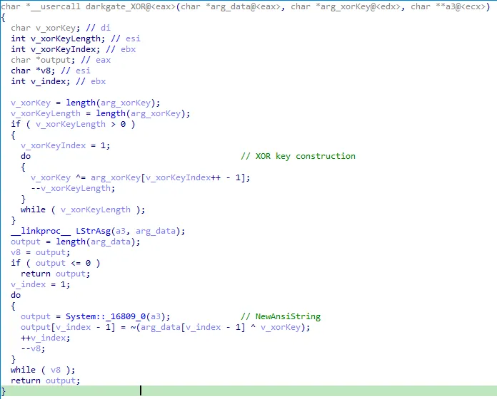 IDA decompiled function used to XOR data. Source: DarkGate Internals by Sekoia TDR team