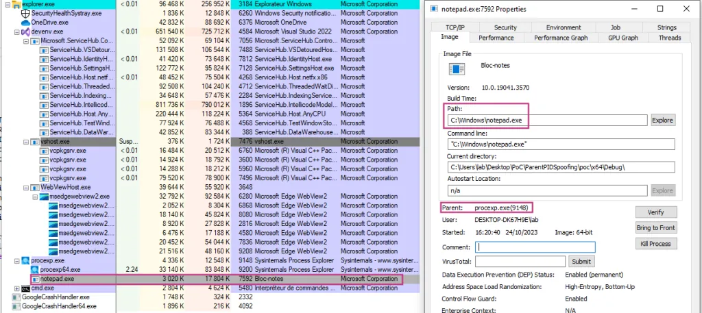 Example of the PoC to spoof the parent PID part of the token thief technique