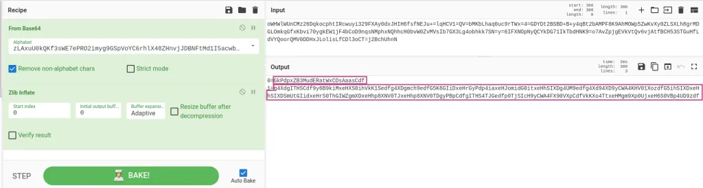 CyberChef recipe to decode and decompress (Zlib) C2 message