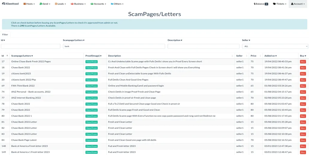 Figure 1. Phishing pages and email templates ("letters") impersonating banks sold on the Xleettool marketplace linked to the Dadsec developer