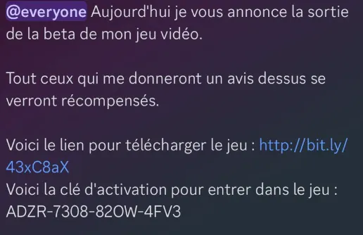 Message (in French) on a public discord channel to promote a fake game. Source: Sekoia TDR
