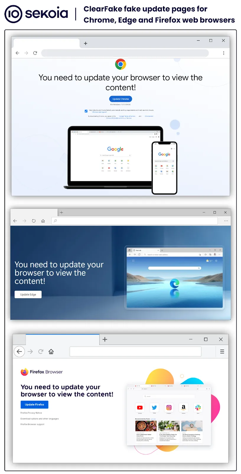 ClearFake fake update pages for Chrome, Edge and Firefox web browsers. 
Source: Sekoia.io