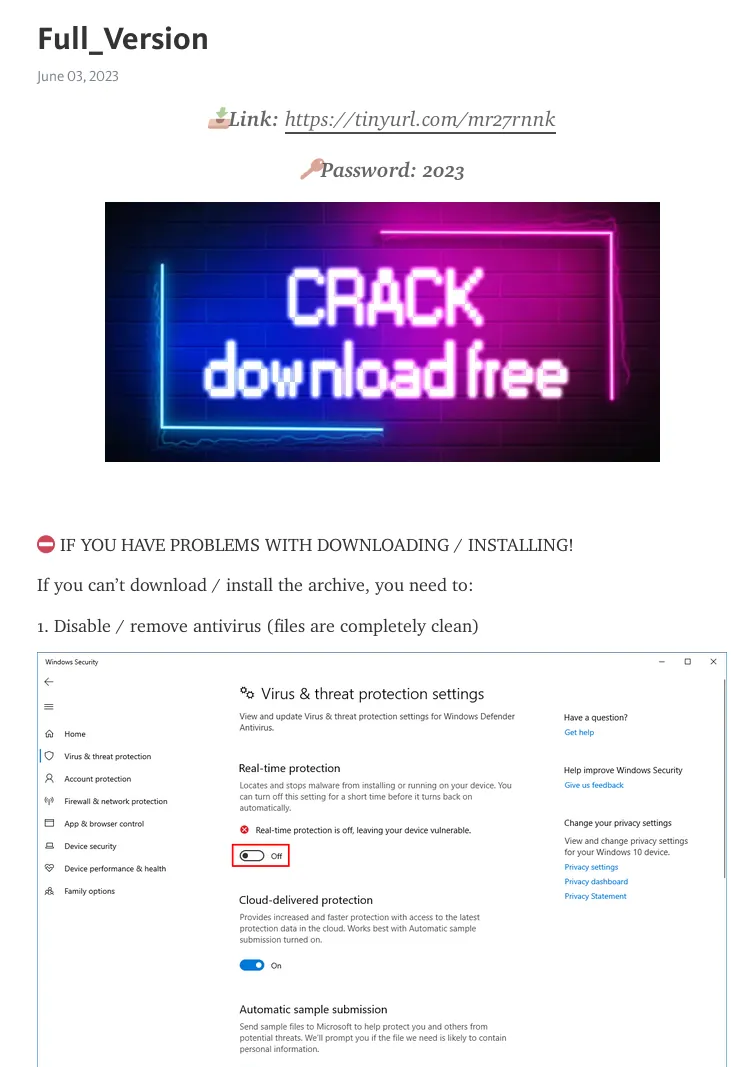 Telegrap[.]ph webpage sharing instructions to disable Windows Defender and distributing the download link. Source: Sekoia.io TDR analysts