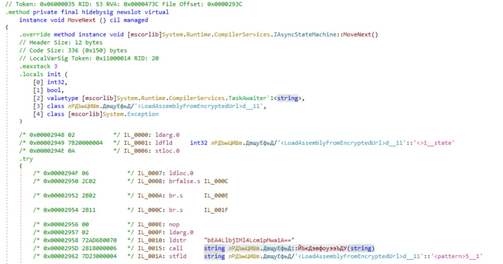 IL code of the asynchronous task responsible of the strings decryption. Source: Sekoia.io TDR analysts