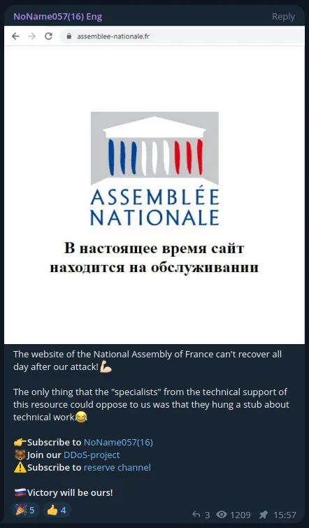 Message published on the NoName057(16) Telegram group, claiming a successful attack against the the French National Assembly and the Ukrainian Cabinet of Ministers websites. Source: Sekoia.io blog