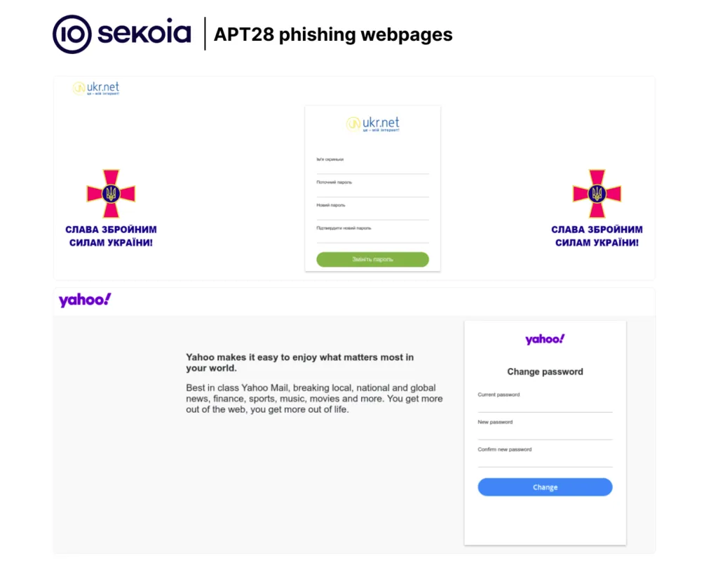 Two phishing webpages operated by APT28, the first one targeting UKR.NET, and the second one targeting Yahoo.com. Source: Sekoia.io