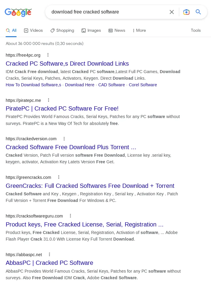Search results for "download free cracked software" on Google.