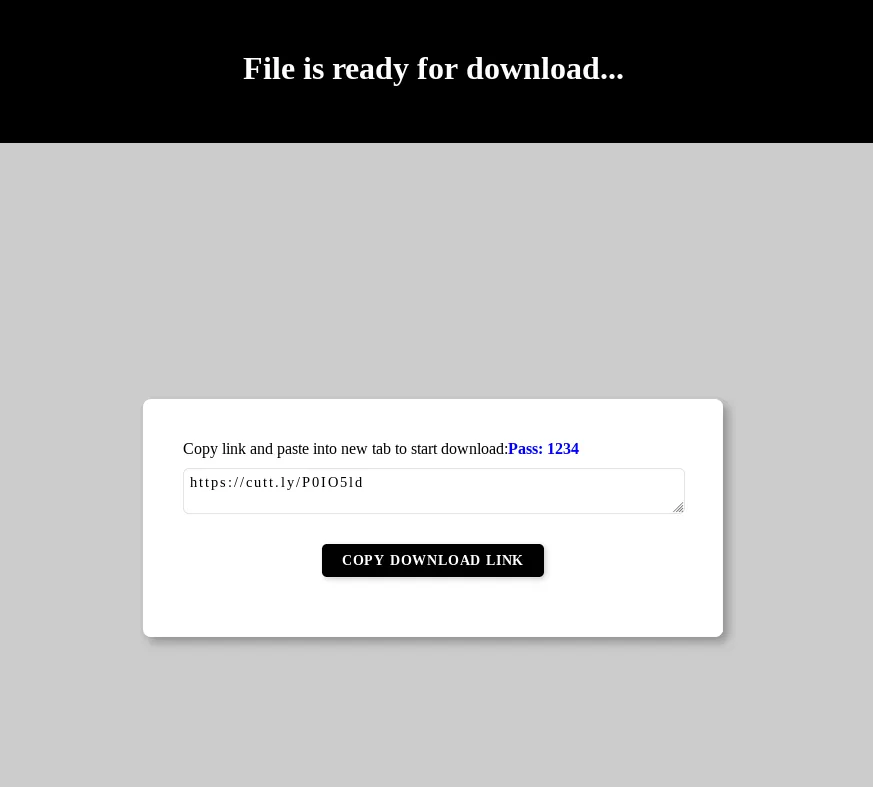 Webpage containing the Cuttly shortened download link and the password (SEKOIA.IO)