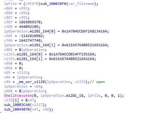 Analysis of the next stage execution using ShellExecute function from shell32.dll