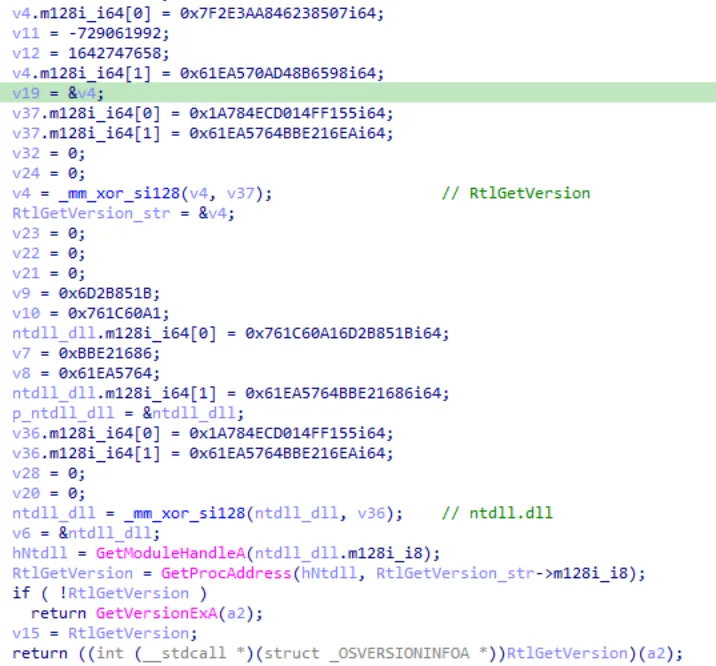 String deobfuscation routine used to load RtlGetVersion from ntdll.dll
