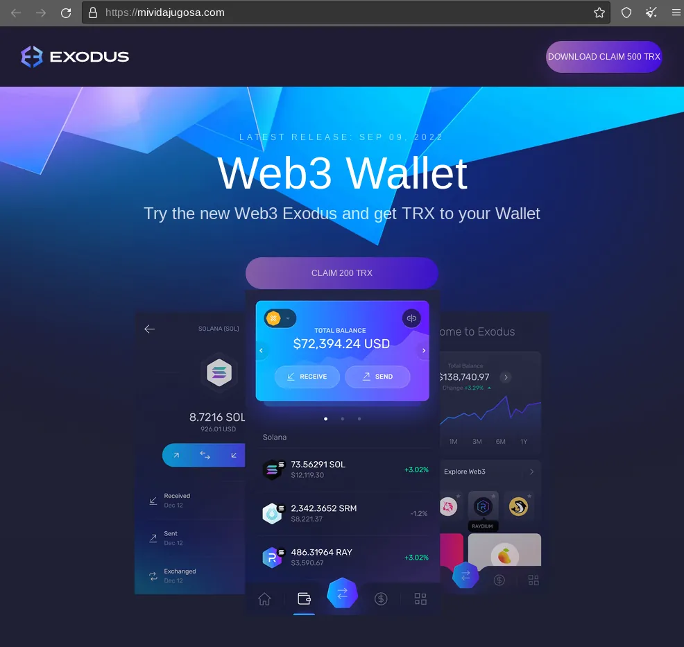 Figure 8. Phishing webpage impersonating the Exodus Wallet download page (mividajugosa[.]com)