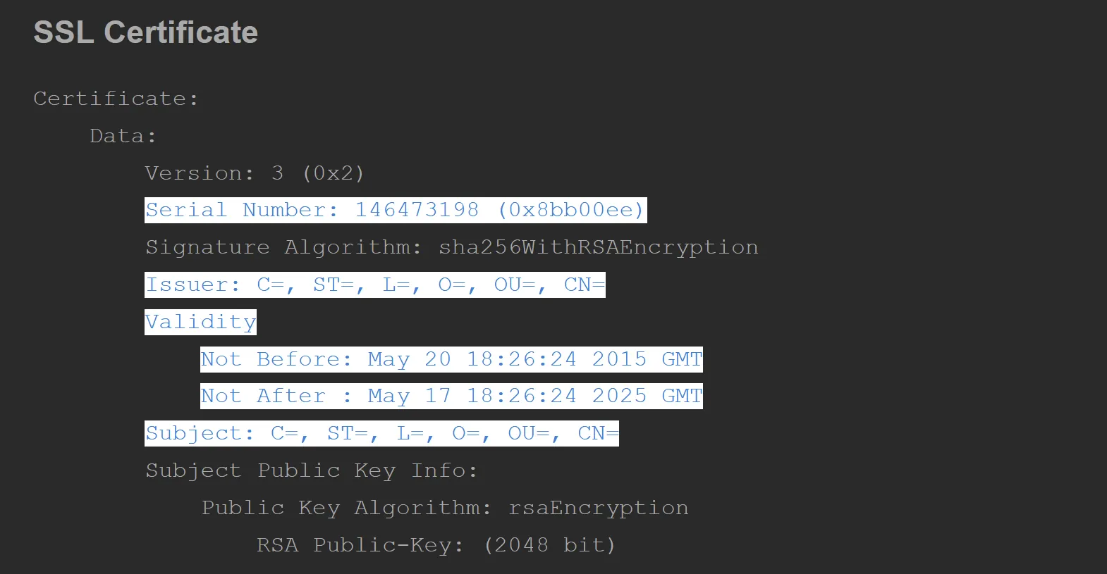 Extract of a default Cobalt Strike certificate, the relevant information is highlighted in white color.