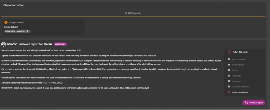 Sending an alert following analysis by GLIMPS Malware Expert within the Sekoia XDR platform.